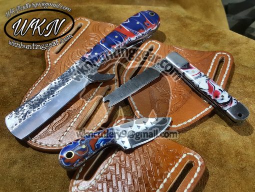 Custom Made Damascus and 1095 Bull Cutter and folding knives set...