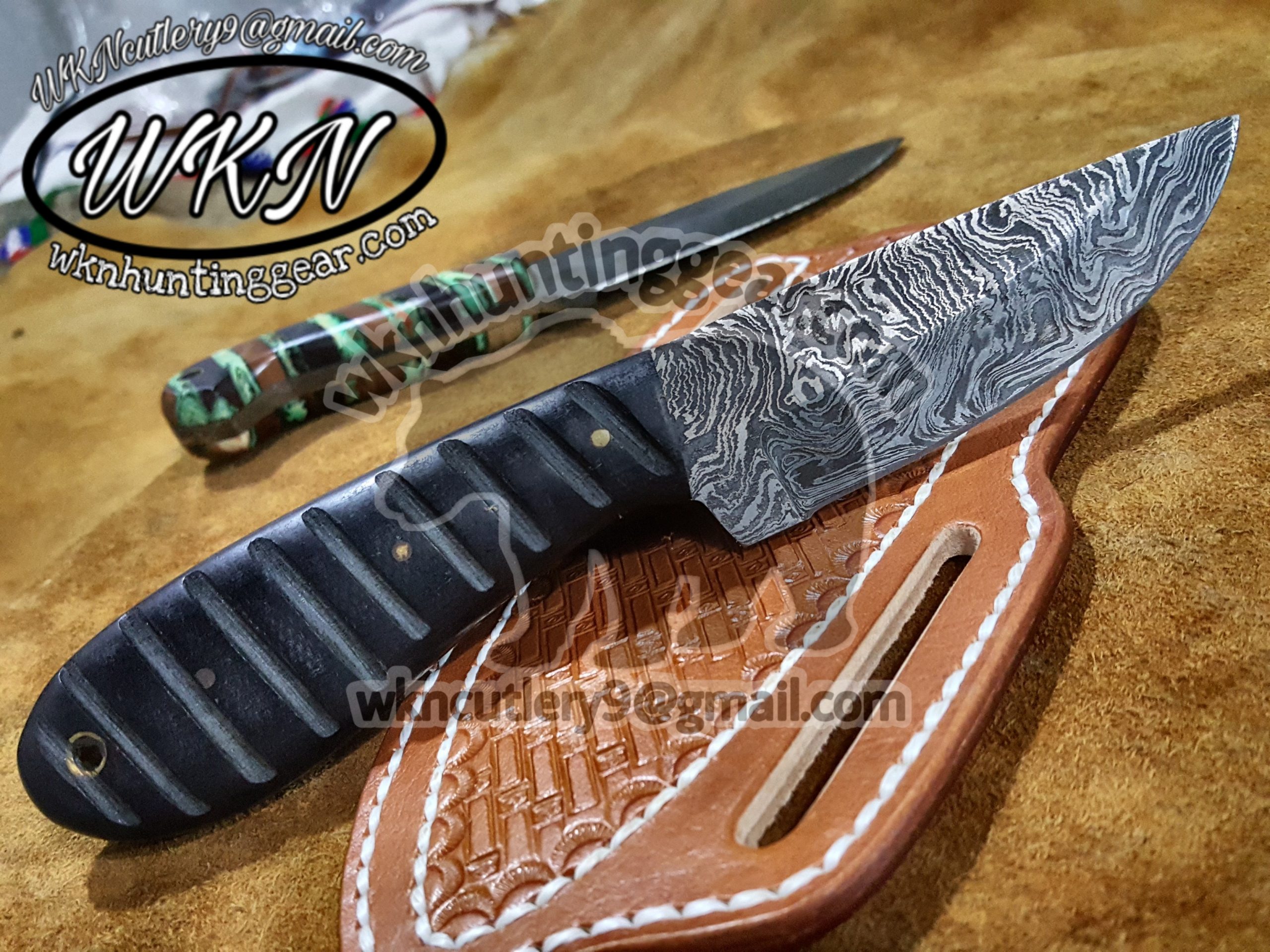 Custom Made Damascus Steel Cowboy and Skinner knives set - WKN