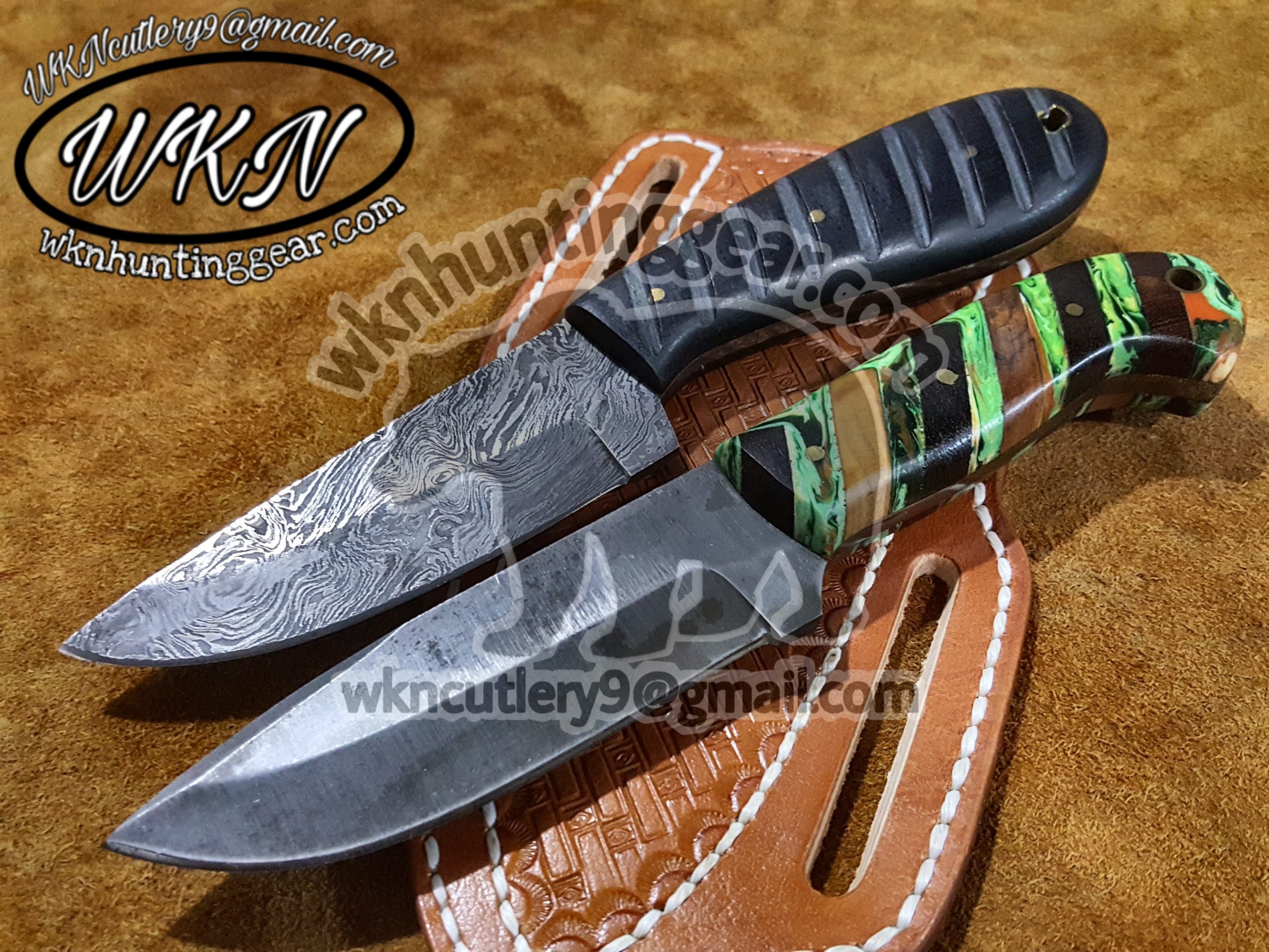 Custom Made Damascus Steel Full Tang Blade Cowboy and Skinner knives set  With Handmade Leather Sheaths - WKN Hunting Gears