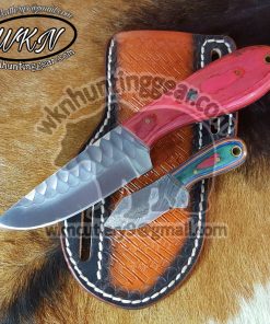 Custom Made Damascus Steel Fixed Blades Western Cowboy and Skinner knives set. With Custom Initial On The Blade and Sheath.