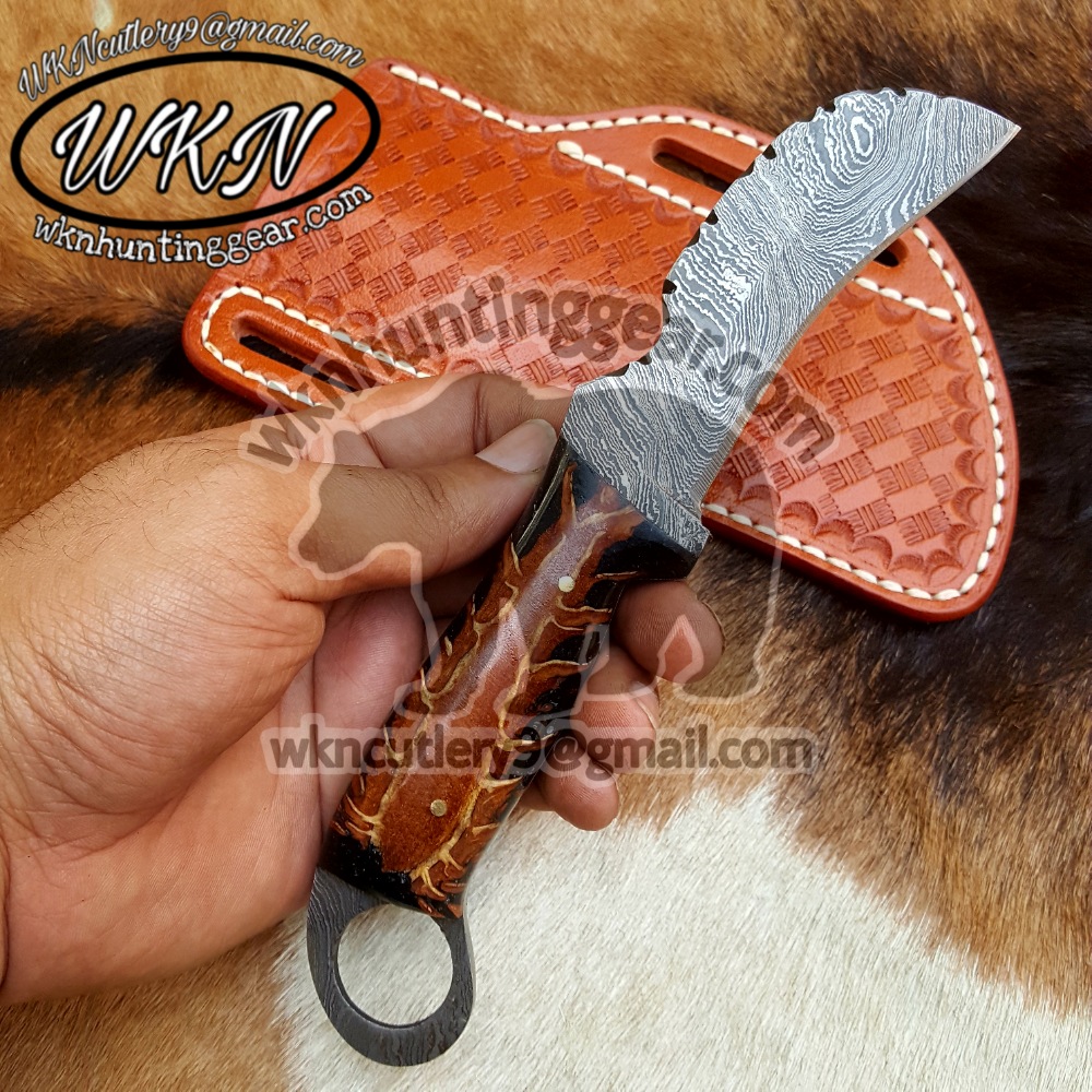 Custom Made Damascus Steel Full Tang Blade Cowboy and Skinner knives set  With Handmade Leather Sheaths - WKN Hunting Gears