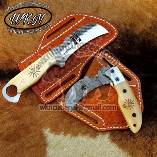 Custom Made Damascus Steel Fixed Blade and Pocket Hawkbill Lineman knives set...