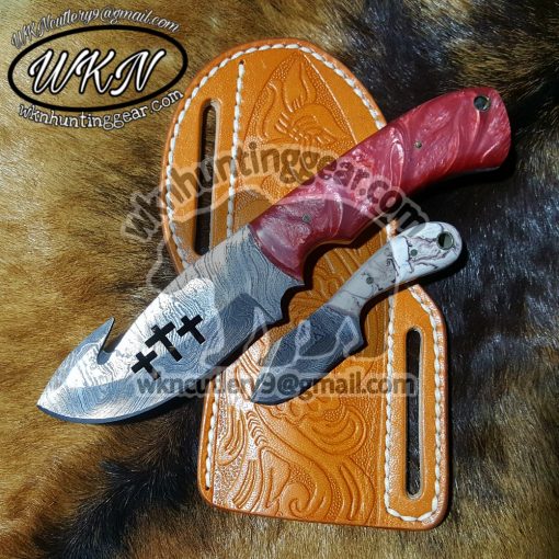 Custom Made Damascus Steel Fixed Blades Gut Hook and Skinner knives set...