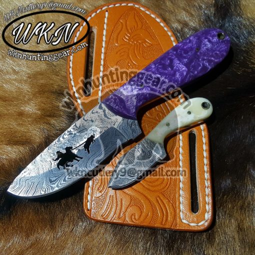 Custom Made Damascus Steel Fixed Blades Cowboy Roping a Bull and Skinner knives set...
