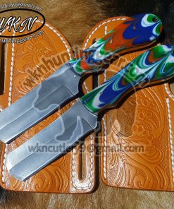 Custom Made Damascus Steel Fixed Blade Western Bull Cutter knife. With Custom Initial On The Blade and Sheath Just Write Your Initial In The Note.