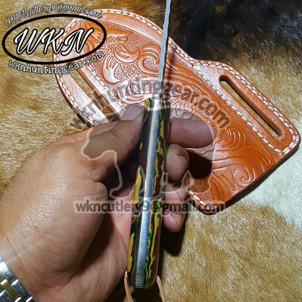 Custom Made Damascus Steel Fixed Blades Cowboy knife with Handmade Right  Hand Leather Sheath - WKN Hunting Gears