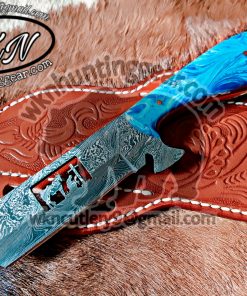 Custom Made Damascus Steel Trapper Pocket knife. With Handmade Leather Sheath.