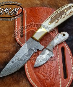 Custom Made Damascus Steel Trapper Pocket knife. With Handmade Leather Sheath.