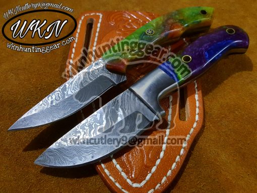 Custom Made Damascus Steel Fixed Blades Cowboy and Skinner knives set...