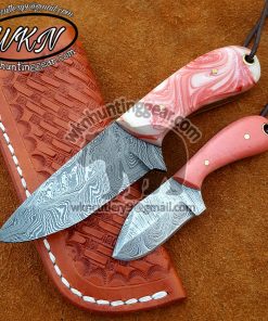 Custom Made Damascus Steel Full Tang Blade Cowboy and Skinner knives set... With Handmade Leather Sheaths...