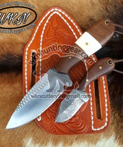 Custom Made Damascus Steel Fixed Blade Western Cowboy and Skinner knives Set With Custom Initial On The Blade and Sheath Just Write Your Initial In The Note.