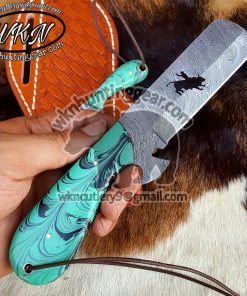Custom Made Damascus Steel Fixed Blades Cowboy Bull Riding and Skinner knife... With Handmade Leather Sheaths...