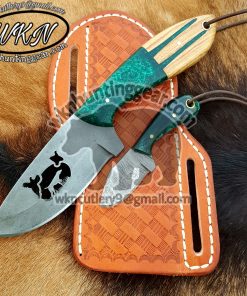 Custom Made Damascus Steel Fixed Blade Western Cowboy and Skinner knife With Custom Initial On The Blade and Sheath Just Write Your Initial In The Note...