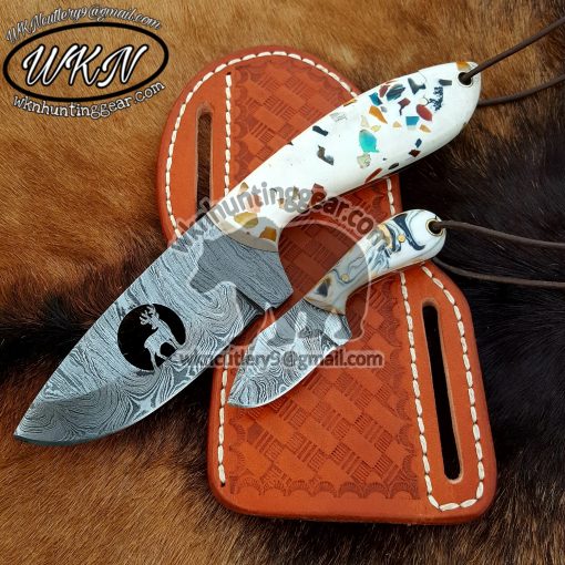 Custom Made Damascus Steel Fixed Blades Deer Hunting and Skinner knives set...