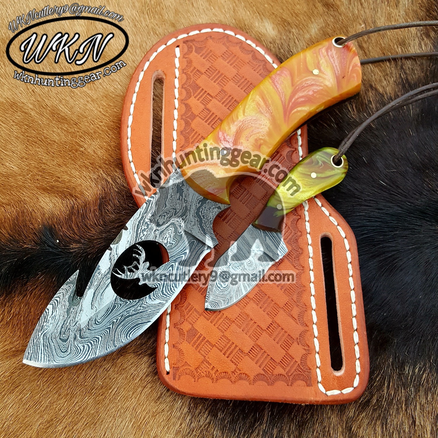 Custom Made Damascus Steel Fixed Blades Gut Hook Deer Hunting and Skinner knives  set - WKN Hunting Gears