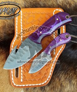 Custom Made 1095 High Carbon Steel Fixed Blade Western Gut Hook Skinner knife. With Right Handed Sheath To Rest On Back Belt.