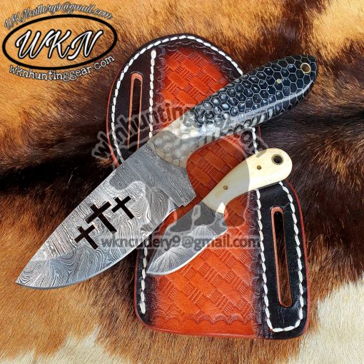 Custom Made Damascus Steel Fixed Blades Cowboy and Skinner knives set...