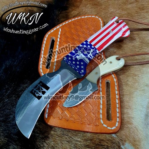 Custom Made 1095 High Carbon Steel Fixed Blades Hawksbill Lineman and Skinner knives set with Handmade Leather Sheaths...