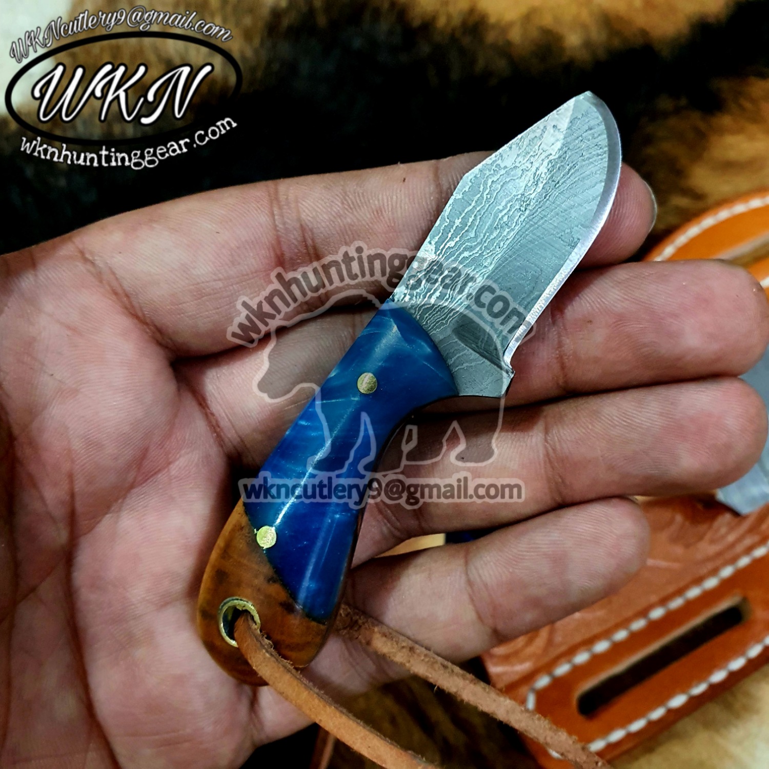 Custom Made Damascus Steel Cowboy and Skinner knives set - WKN