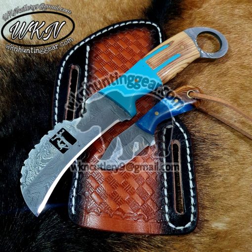 Custom Made Damascus Steel Fixed Blades Hawksbill Lineman and Skinner knives set... With Handmade Leather Sheaths...