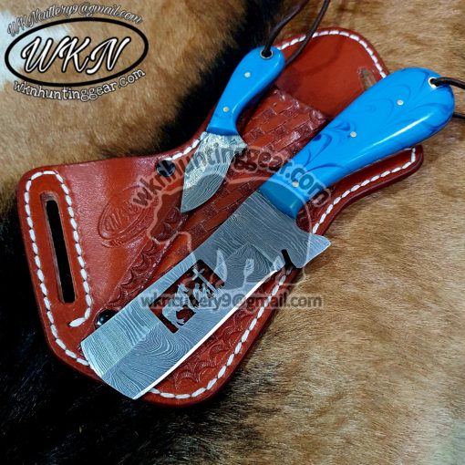 Custom Made Damascus Steel Fixed Blades Praying Cowboy Bull Cutter and Skinner knives set... With Handmade Leather Sheaths...