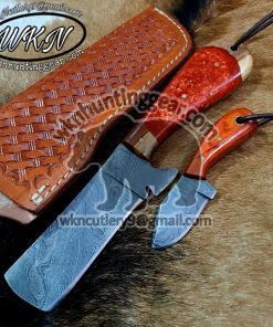 Custom Made Damascus Steel Fixed Blades Western Bull Cutter and Skinner knives set With Custom Initial On The Blade and Sheath Just Write Your Initial In The Note.