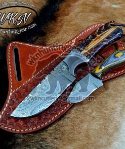 Custom Made Damascus Steel Fixed Blade Cowboy and Skinner knife... With Handmade Leather Sheath...