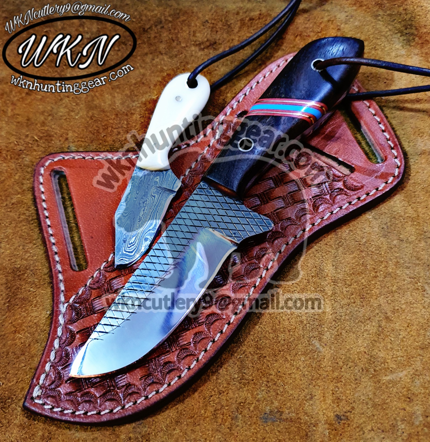 Custom Made Damascus Steel Cowboy and Skinner knives set - WKN