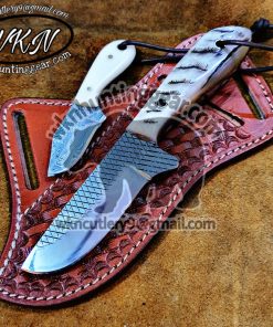 Custom Made Damascus Steel Fixed Blades Cowboy knife with Handmade Right  Hand Leather Sheath - WKN Hunting Gears