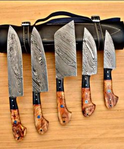 Custom Made Damascus Steel Fixed Blades Chef knives Set... With Handmade Leather Roll Kit...
