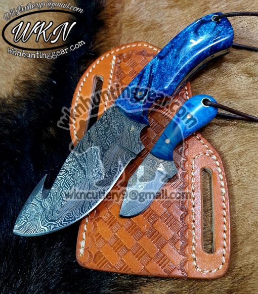 Black Smith Made With Damascus High Carbon Steel Fixed Blades Gut Hook And Skinner knives Set... With Handmade Leather Sheaths...
