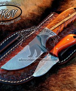 Custom Made Damascus Steel Fixed Blade Western Cowboy and Skinner knives set With Custom Initial On The Blade and Sheath Just Write Your Initial In The Note.