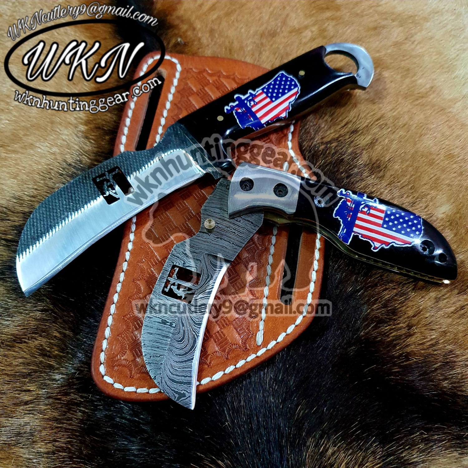 Custom Made Damascus Steel Fixed Blade and Folding Hawksbill Lineman ...