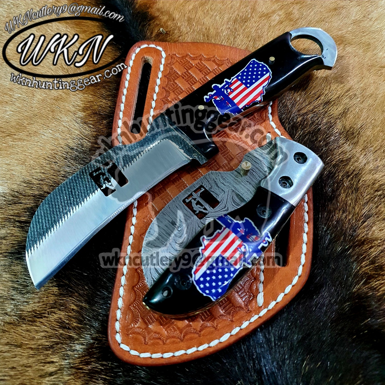 Custom Made Damascus Steel Fixed Blade and Folding Hawksbill Lineman