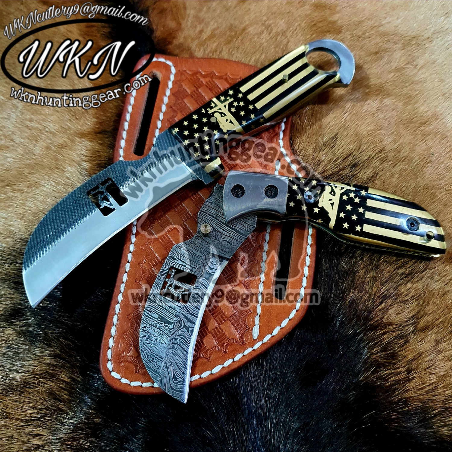 Custom Made Damascus Steel three Crosses Cowboy knives set - WKN Hunting  Gears