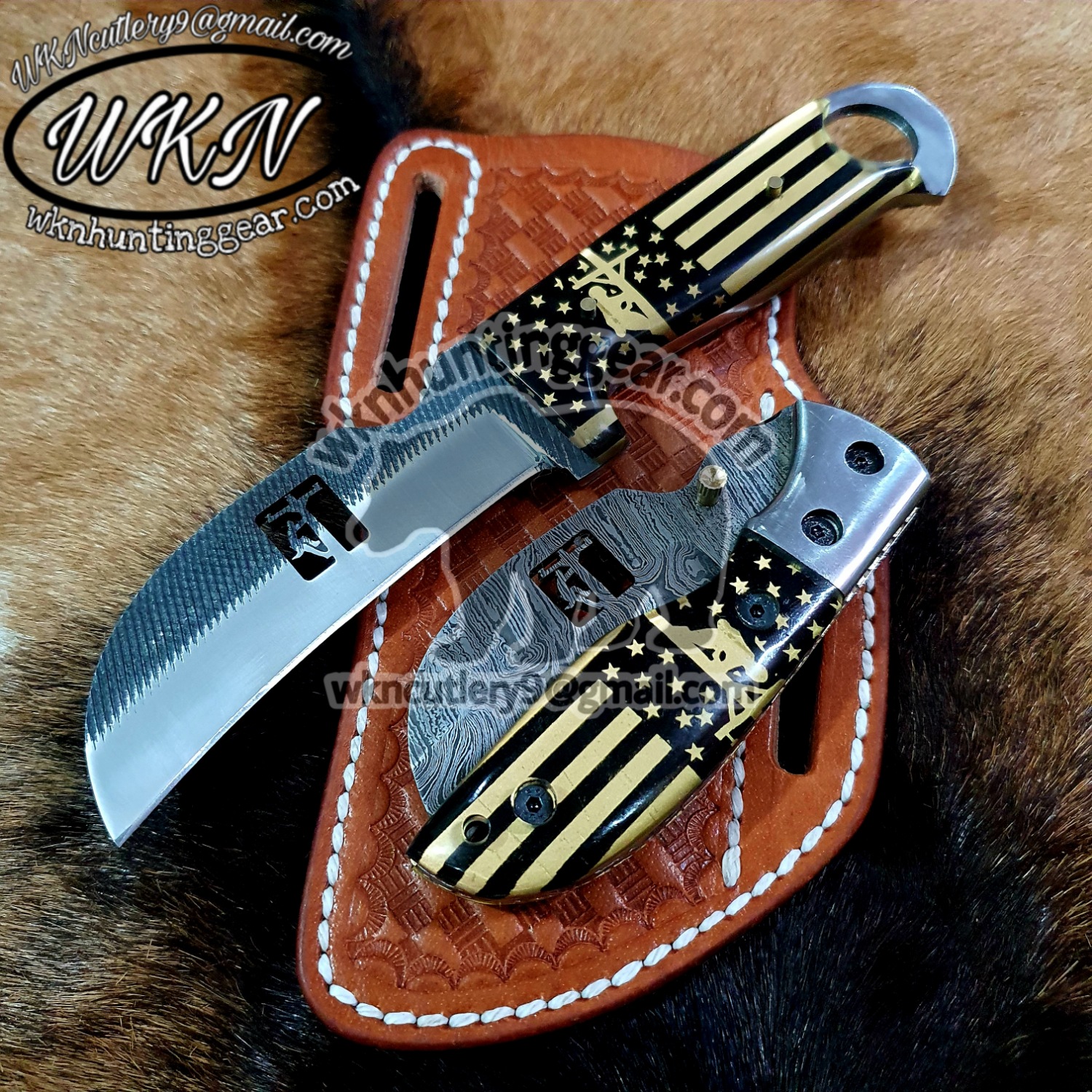 Custom Made Damascus Steel Fixed Blade and Folding Hawksbill Lineman ...