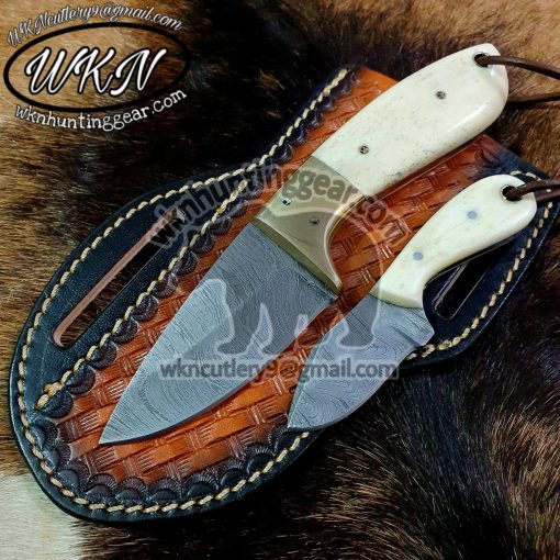 Custom Made Damascus Steel Fixed Blades Cowboy and Skinner knives set... With Handmade Leather Sheaths...