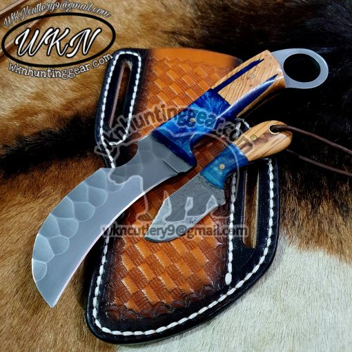 Custom Made 1095 High Carbon Steel Fixed Blades Hawksbill Lineman and Skinner knives set... With Handmade Leather Sheaths...