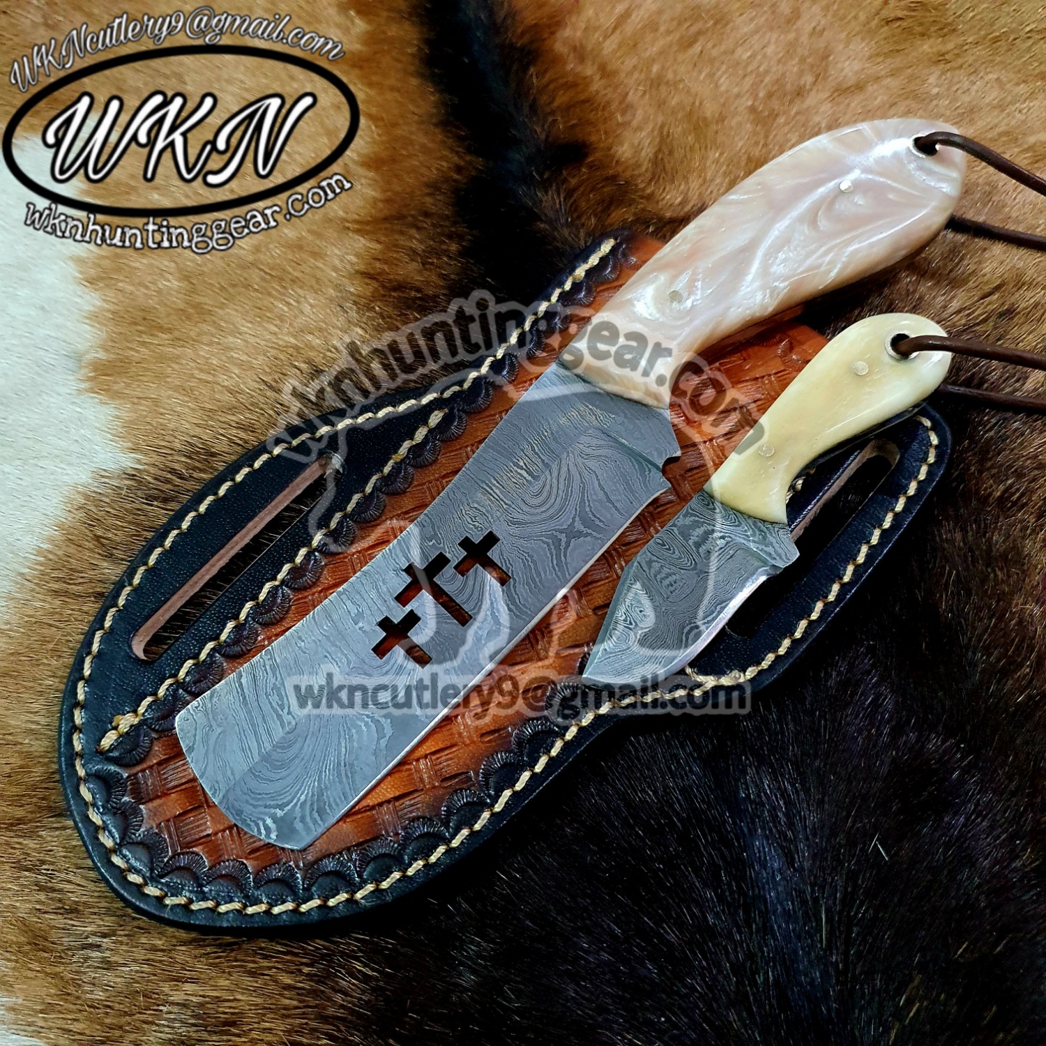 Custom Made Damascus Steel Three Cross Cowboy and Skinner knives set -  WKN Hunting Gears