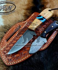 Custom Made Damascus Steel Fixed Blade Western Cowboy and Skinner knives set With Custom Initial On The Blade and Sheath Just Write Your Initial In The Note.