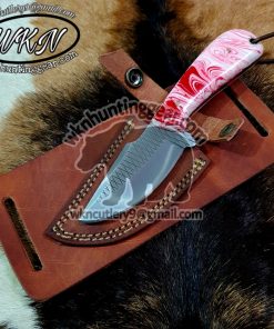 Custom Made Damascus Steel Fixed Blade Western Cowboy and Skinner knives set With Custom Initial On The Blade and Sheath Just Write Your Initial In The Note.