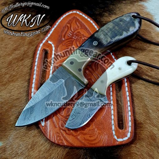 Custom Made Damascus Steel Fixed Blades Cowboy and Skinner knives set... With Handmade Leather Sheaths...