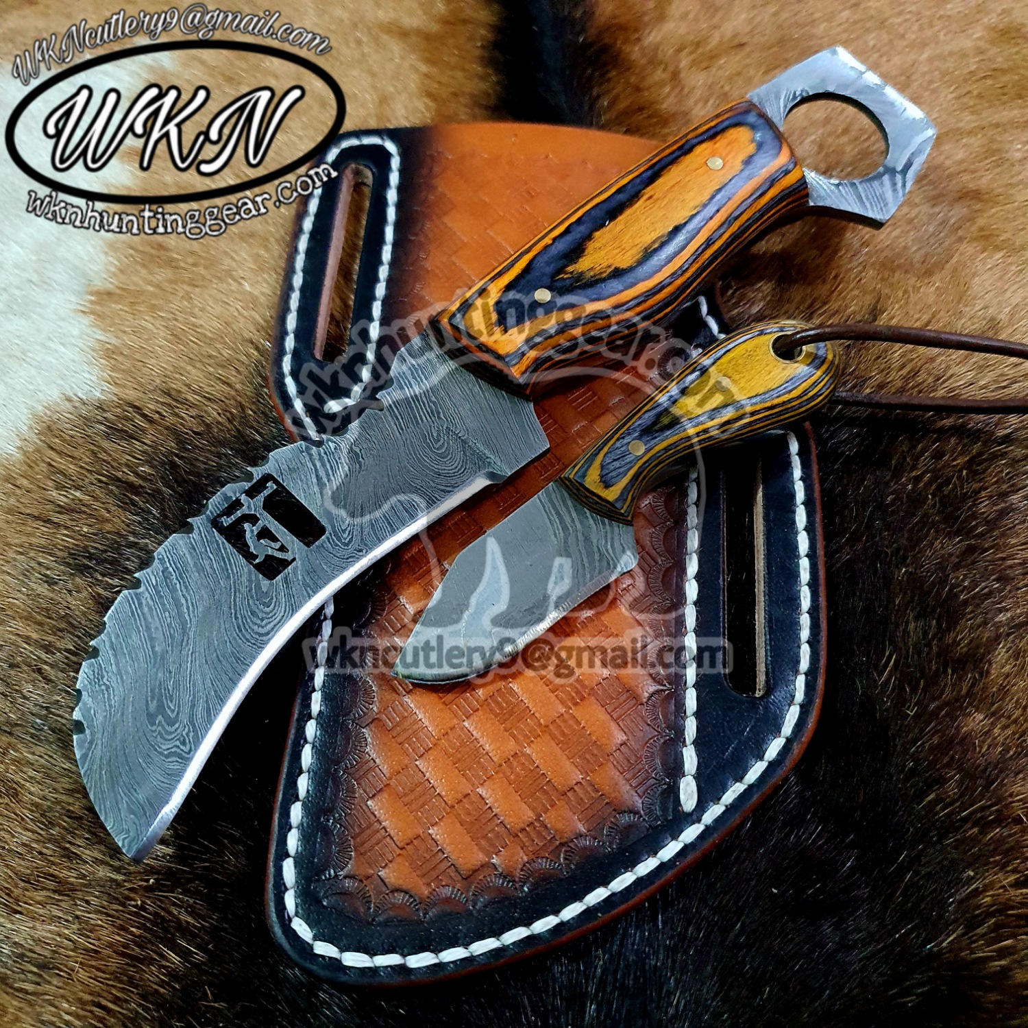 Custom Made Damascus Steel Fixed Blades Hawksbill Lineman and Skinner ...