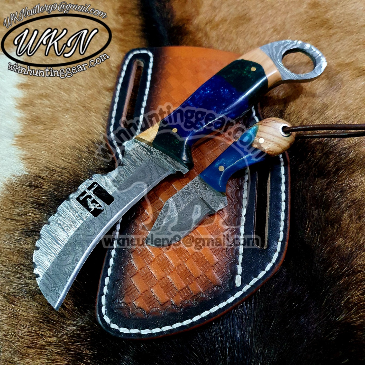 Custom Made Damascus Steel Pistol and Skinner knives set - WKN Hunting  Gears