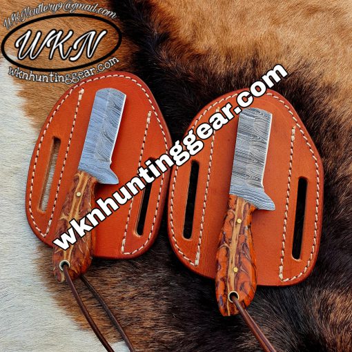 Custom Made Damascus Steel Fixed Blades Bull Cutter knives set... With Handmade Leather Sheaths...