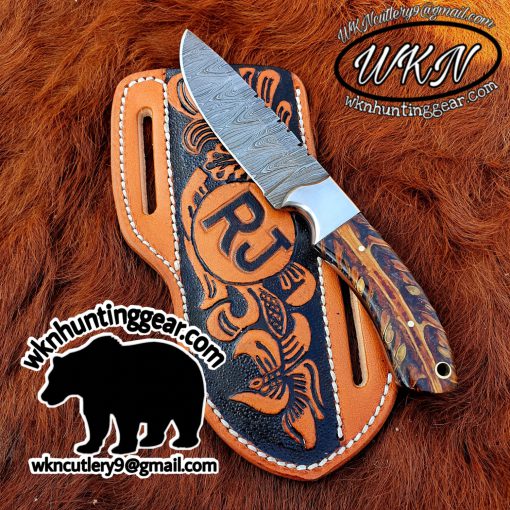 Custom Made Damascus Steel Fixed Blade Cowboy and Skinner knife... With Custom initial on the Leather...