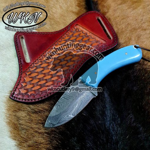 Custom Made Damascus Steel Fixed Blade Cowboy and Skinner knife... With Handmade Leather Sheath...