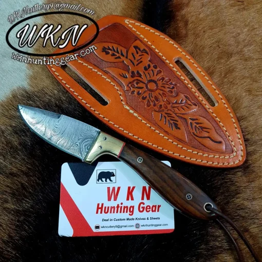Custom Made Damascus Steel Fixed Blade Cowboy Pointed knife... With Handmade Leather Sheath...