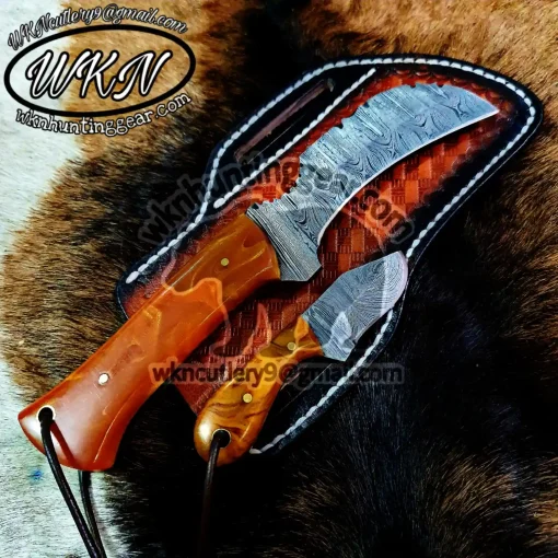 Custom Made Damascus Steel Fixed Blade Hawksbill Lineman and Skinner knives set... With Handmade Leather Sheaths...