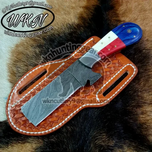 Black Smith Made With Damascus Steel Fixed Blade Bull Cutter Texas knife... With Handmade Leather Sheath...